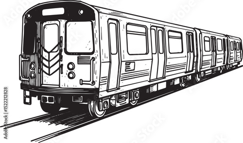 Monochrome Woodcut Illustration of a Subway Train Car on the Tra
