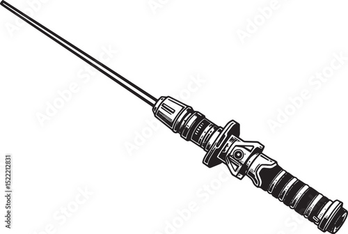 Elegant Black and White Woodcut Illustration of a Sci-Fi Laser S