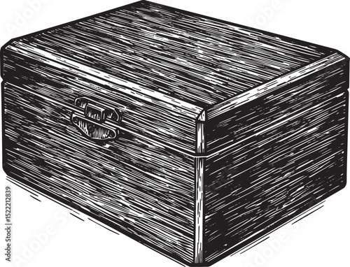 Detailed woodcut illustration of a classic wooden jewelry box de