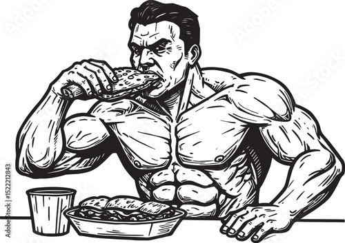 Black and White Woodcut Illustration of a Competitive Eater with