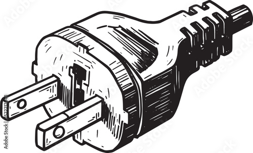 Detailed Woodcut Illustration of an Electrical Plug in Black and