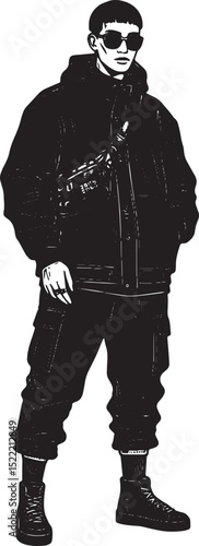Monochrome Woodcut Illustration of a Stylish Man in Street Fashi