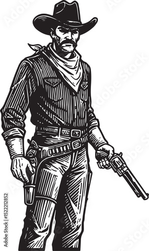 Vintage Cowboy Duelist Illustration, A Woodcut Style Gunfighter