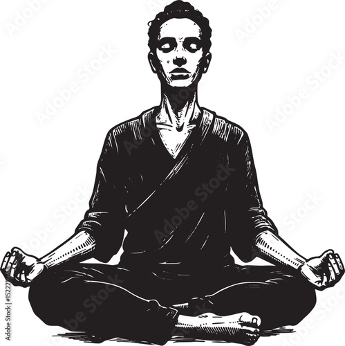 Serene Contemplation, A Woodcut Illustration of Mindful Meditati