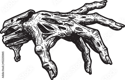 Detailed Woodcut Style Illustration of a Decaying Zombie Hand Re