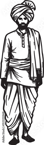 Elegant Woodcut Illustration of a Traditional Indian Man in Dhot