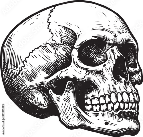 Detailed black and white woodcut illustration of a human skull a