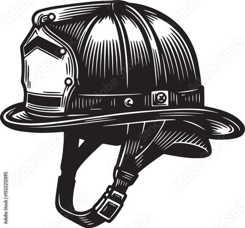 Vintage Woodcut Illustration of Firefighter Helmet in Black and