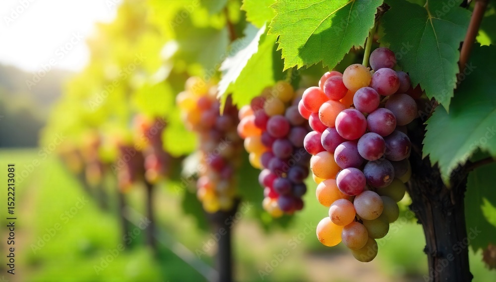 Close-up of lush, vibrant grape vines laden with ripening fruit, sunlight dappling the leaves Ready for harvest, the vines showcase healthy growth and abundant bunches of grapes , viticulture, vine Close-up of lush, vibrant grape vines laden with ripening fruit, sunlight dappling the leaves Ready for harvest, the vines showcase healthy growth and abundant bunches of grapes , viticulture, vine