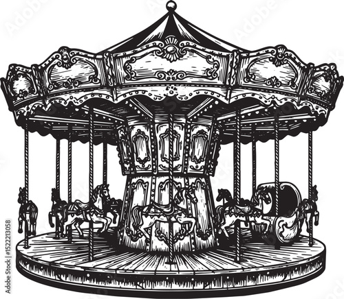 Charming Black and White Woodcut Illustration of a Classic Merry