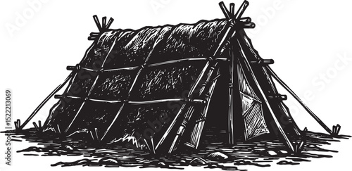Monochrome Illustration of a Prehistoric Tent Structure and Dwel