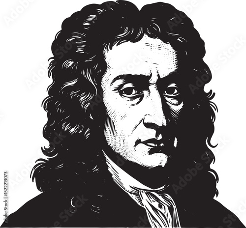 Elegant woodcut style portrait of Sir Isaac Newton in black and