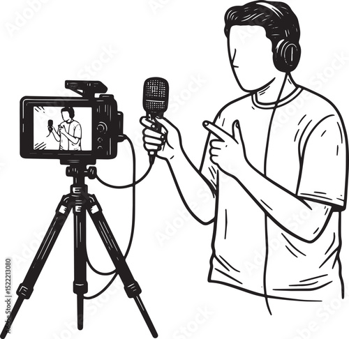Monochrome illustration of a vlogger recording content for their