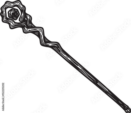 Enchanting Magic Staff Woodcut Illustration with Intricate Detai