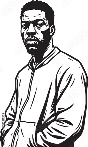 Monochrome woodcut illustration of a stoic street hustler in bla
