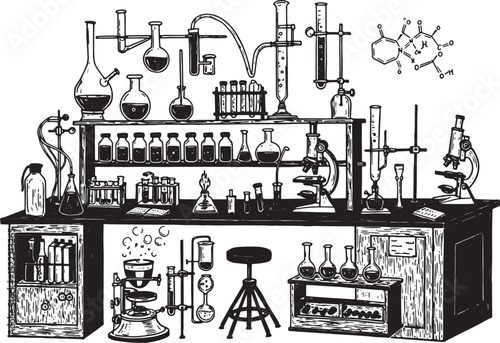Intricate Woodcut Illustration of a Vintage Laboratory Setup wit