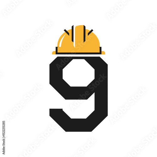 Number 9 Logo with Yellow Construction Helmet, Modern and bold number 9 logo featuring a yellow hard hat on top, ideal for construction, safety, or industrial branding purposes.

