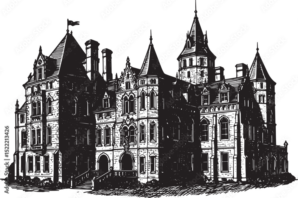 Obraz premium Monochrome Country Castle Woodcut, Detailed Illustration of Medi