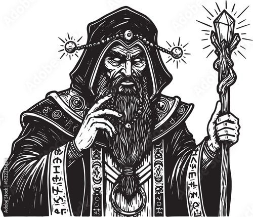 Mystic Wizard with a Magical Staff in Woodcut Black and White St