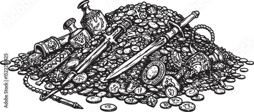Detailed woodcut style illustration of a dragon's hoard of treas