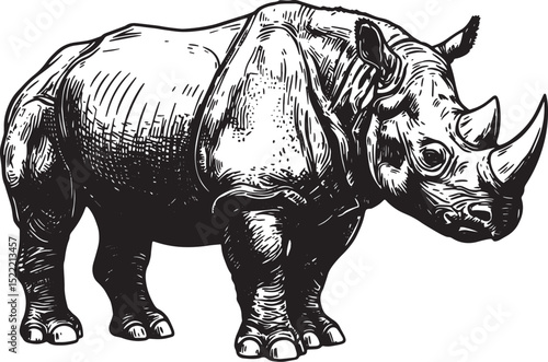 Detailed Woodcut Style Illustration of an Endangered Rhinoceros