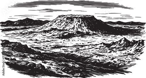 Monochrome Martian Landscape with Striking Woodcut Style Illustr