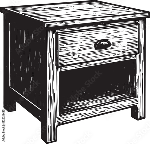 Elegant woodcut style illustration of a classic nightstand desig