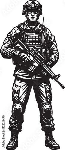 Detailed woodcut illustration of a US Army soldier armed and rea