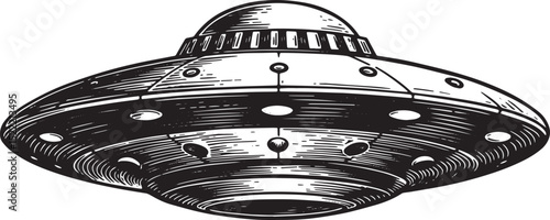 Monochrome woodcut illustration of a roswell ufo flying saucer c