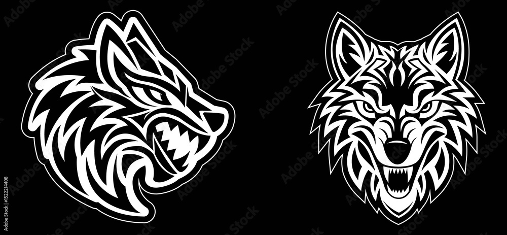 Two tribal wolf head logo silhouette. Wolf head animal silhouette vector illustration. Black wolf logo design template isolated on black background vector eps10. Two tribal wolf head logo silhouette. Wolf head animal silhouette vector illustration. Black wolf logo design template isolated on black background vector eps10.