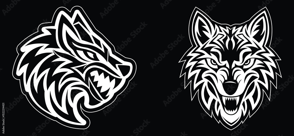 Two tribal wolf head logo silhouette. Wolf head animal silhouette vector illustration. Black wolf logo design template isolated on black background vector eps10. Two tribal wolf head logo silhouette. Wolf head animal silhouette vector illustration. Black wolf logo design template isolated on black background vector eps10.