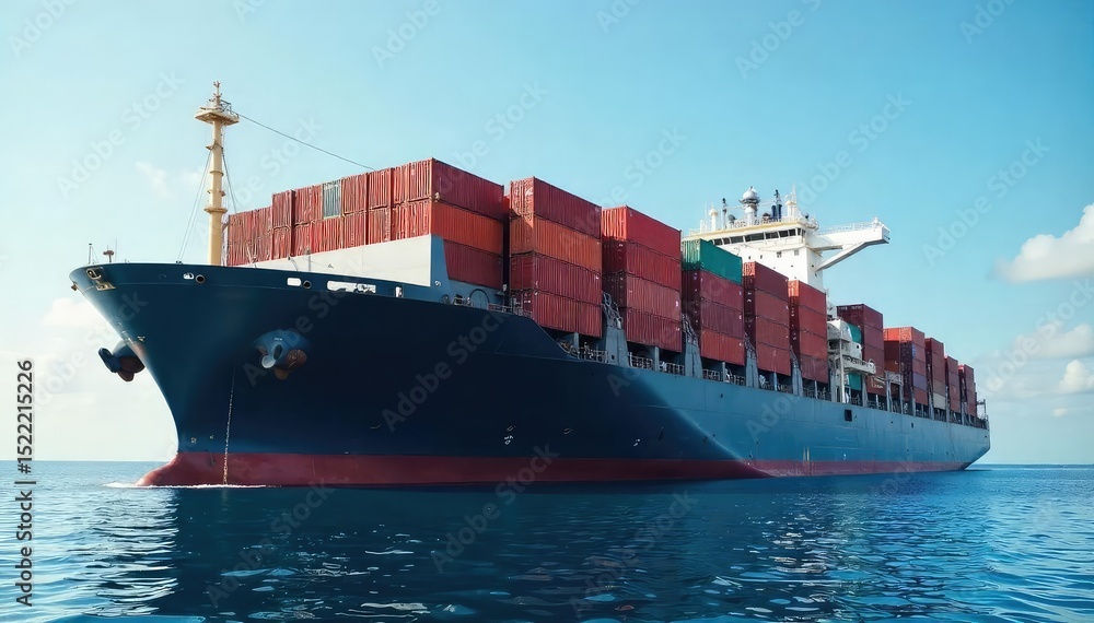 Obraz premium Massive cargo ship at sea, containers stacked high , sea, freight forwarding