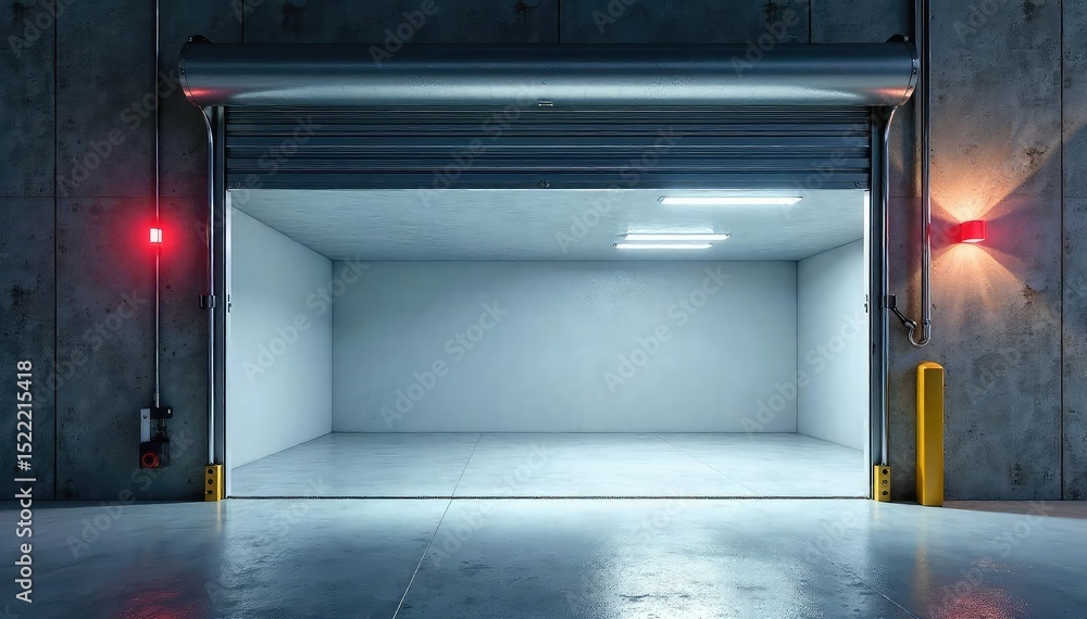 Fototapeta premium Modern automatic garage door opening, revealing a clean, well-lit interior , spring, metal, wood