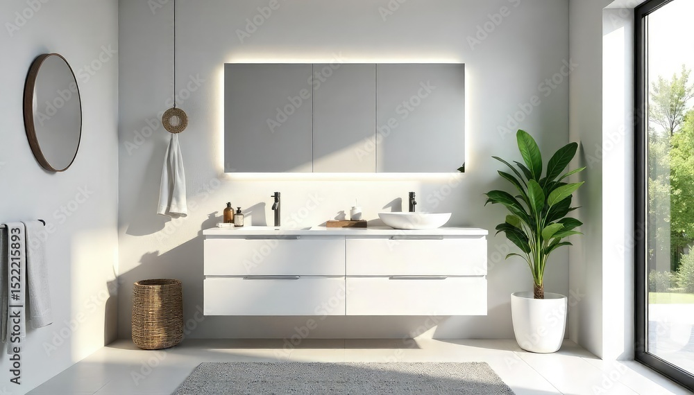 Fototapeta premium Modern white bathroom vanity with sleek countertop, sink, upgrade