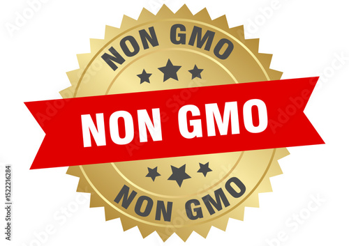 non gmo. non gmo round red and gold label isolated on transparent background