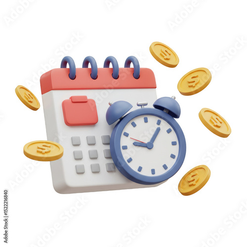 3D Calendar With Clock Gold Coins Deadline Reminder in Transparent Background