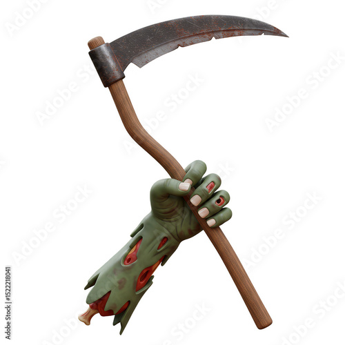 3d Illustration Of Zombie Hand Holding Rusty Scythe Weapon With Gore