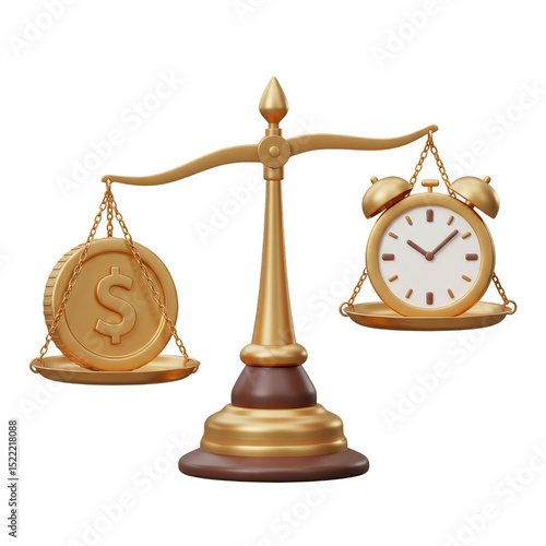 3d Illustration of Golden Scale Balancing Time and Money on Transparent