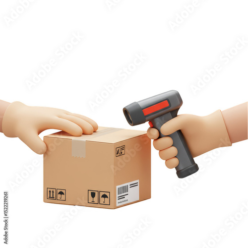 3d Render of Hands Scanning Cardboard Box with Barcode in Transparent Background