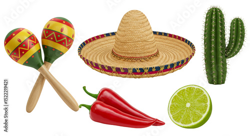 3D Render of Traditional Mexican Culture Icons Maracas Sombrero Cactus Lime