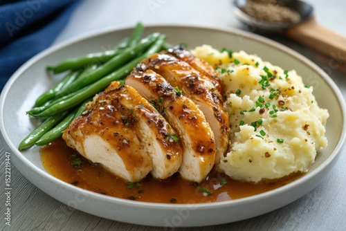 Sliced chicken breast with green beans and mashed potatoes.