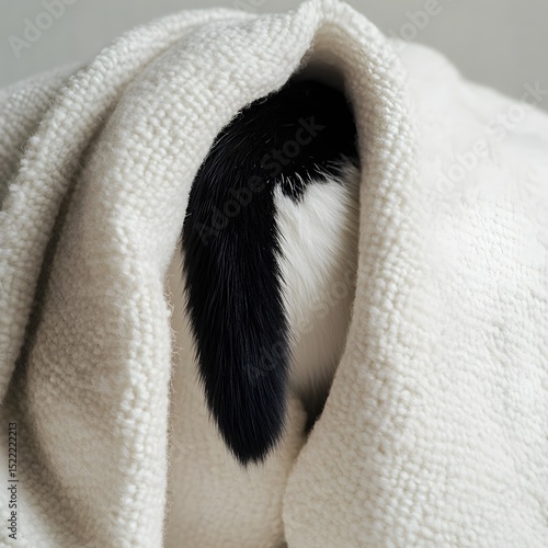 A cozy pet hiding under a soft blanket, showcasing only a portion of its ear and fur. feline mischief concept