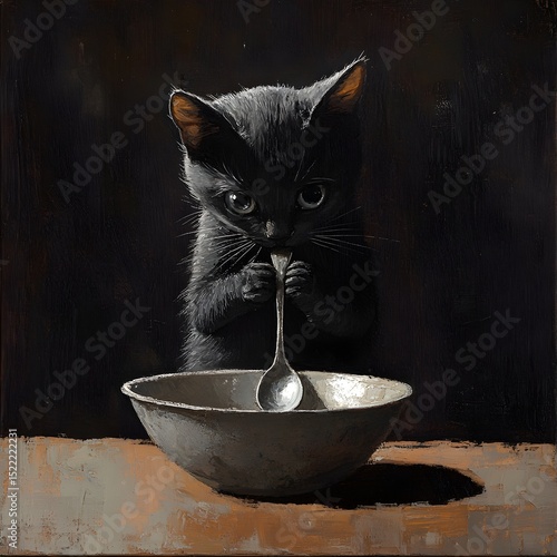A curious black cat stares intently at a bowl, poised with a spoon in hand. feline mischief concept