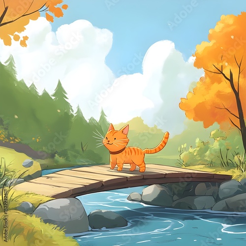 A whimsical orange cat crosses a wooden bridge in a colorful autumn landscape. feline mischief concept
