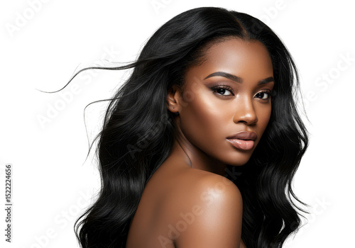 Beauty Portrait Of Young Dark Skinned Woman With Black Shiny Hair
