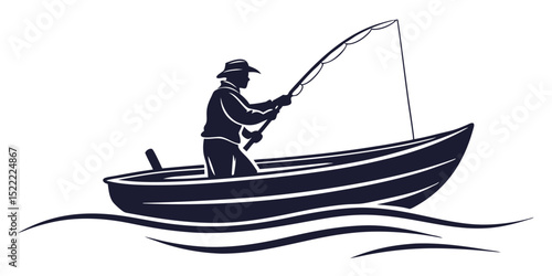 Coastal Conqueror Fisherman on Small Boat Vector Logo Design Tide Tamer Small Boat Fisherman Emblem
