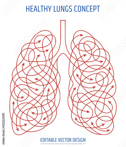 haotic line art of human lungs with arrow flow concept, representing active breathing and respiratory health. Ideal for medical, biology, or wellness visuals