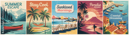 Set of retro summer posters with scenic landscapes: beach café, mountain lake with boat, tropical sunset with surfer, island hammock, and coastal old town. Vintage travel wall art.