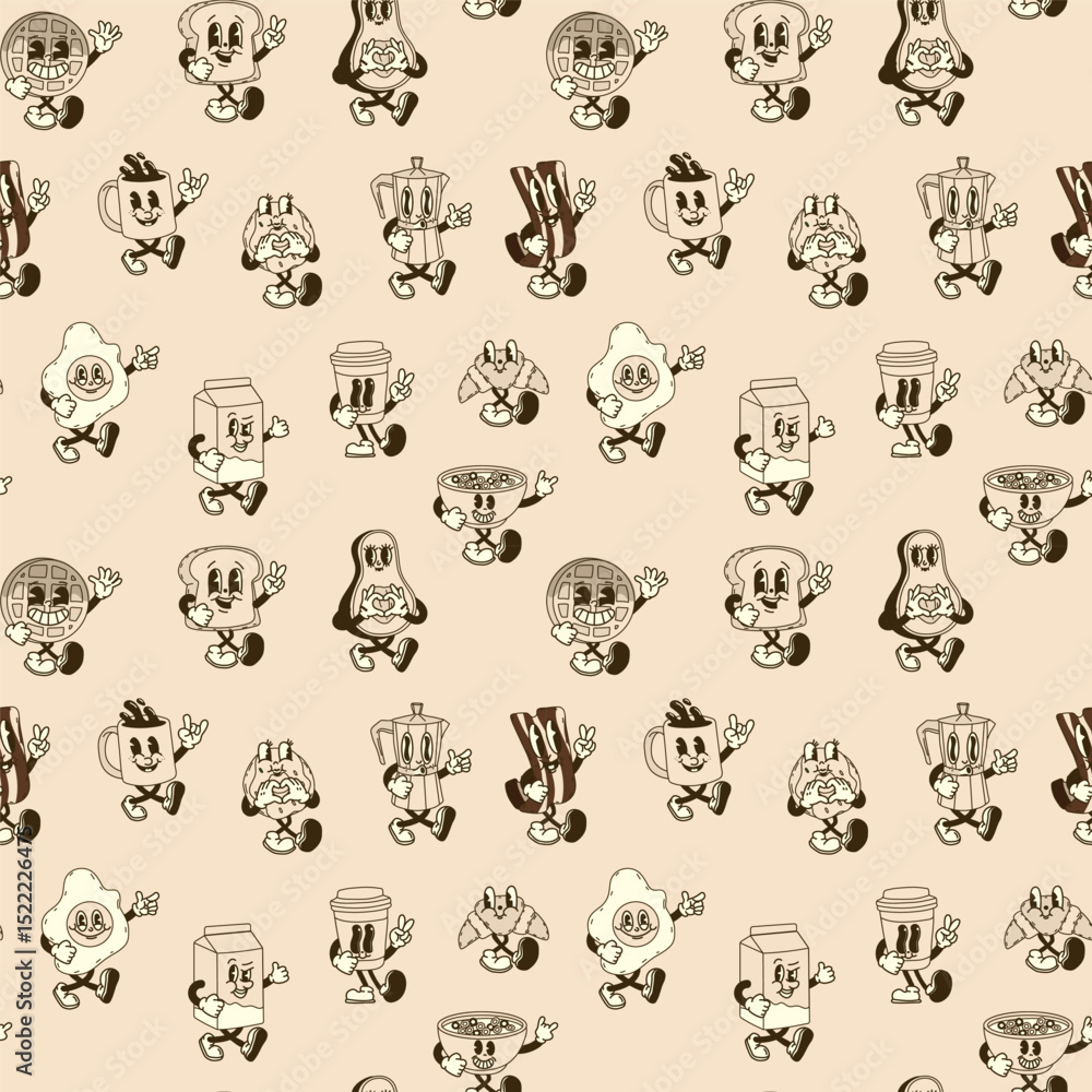 Seamless pattern with Groovy Breakfast Duo Characters in Retro Style Seamless pattern with Groovy Breakfast Duo Characters in Retro Style