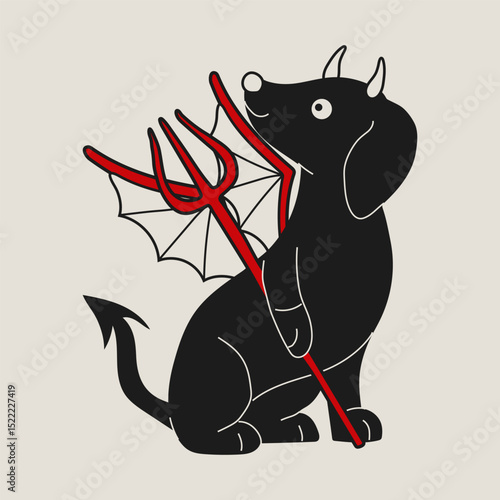 Devilish Dachshund.  Cute Cartoon Dog with Fiery Horns